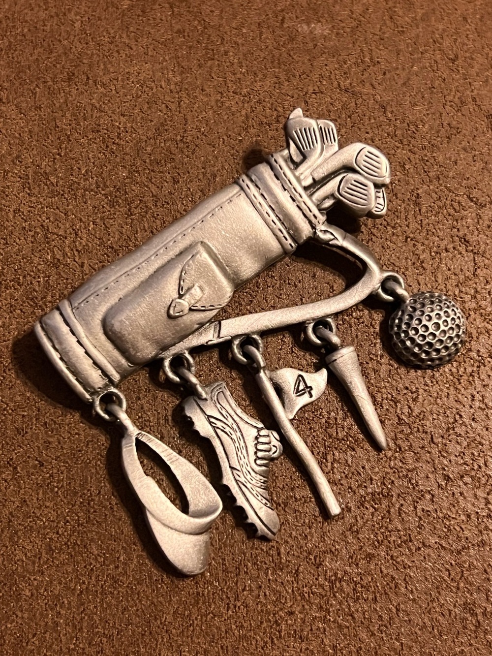 Vintage JJ Jonette Pewter Golf Bag & Charm Pin Brooch